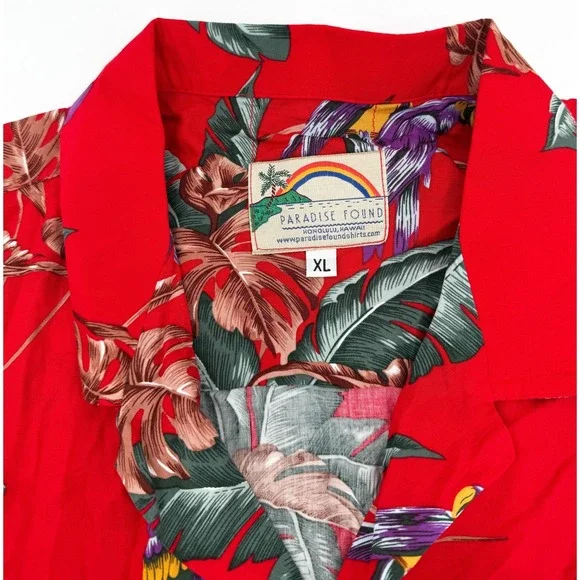 New Paradise Found Shirt Mens XL Red Hawaiian Aloha Parrot Rayon Made in Hawaii - Picture 8 of 11